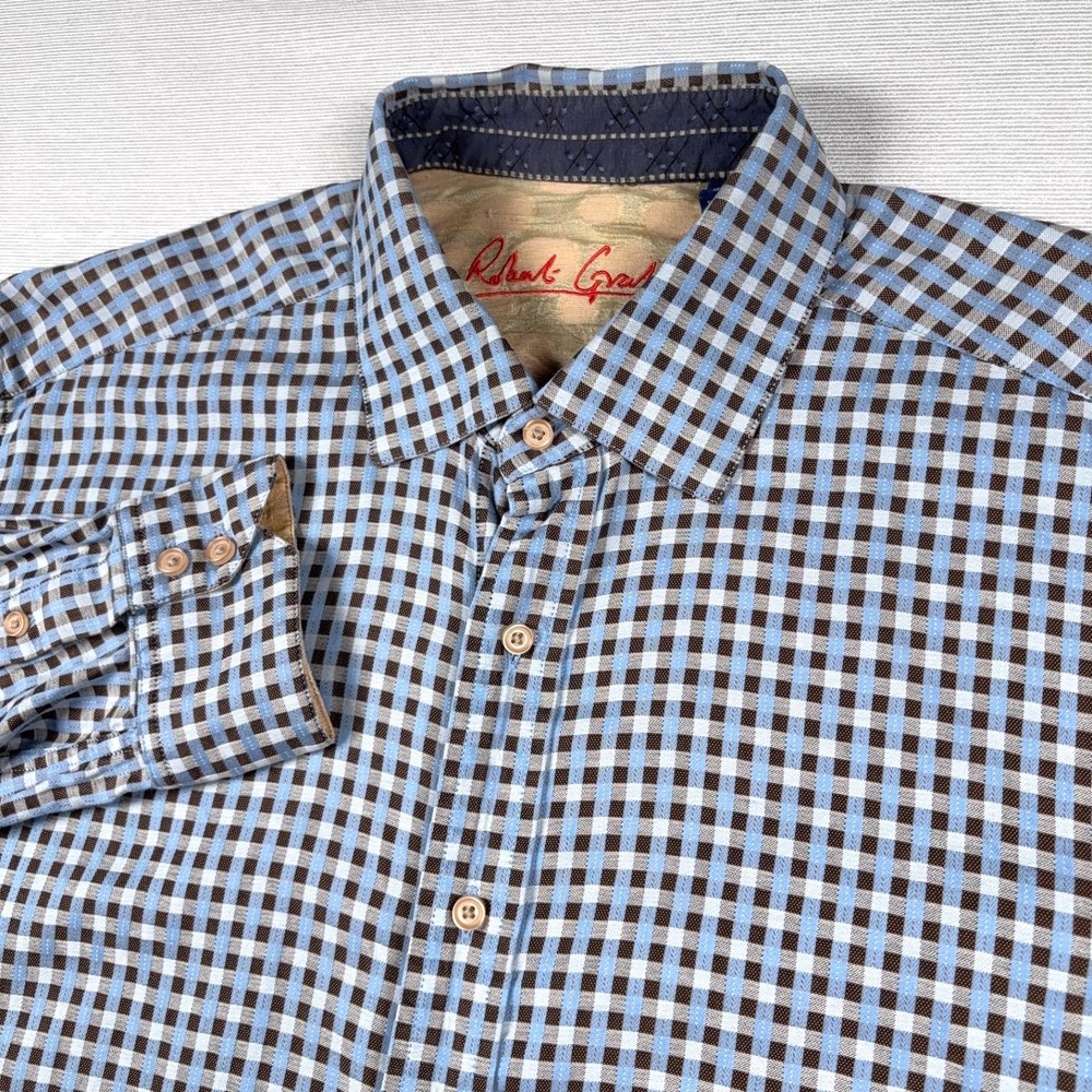 Robert Graham Shirt Mens Size L Blue Black Cotton Silk Long Sleeve Button Up